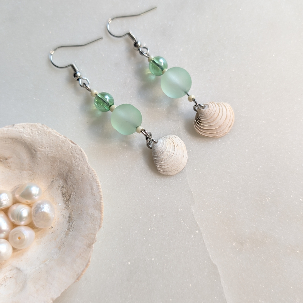 Hand Crafted Green and Cream Shell Earrings